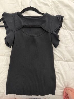 Ribbed Flutter Sleeve Black Blouse